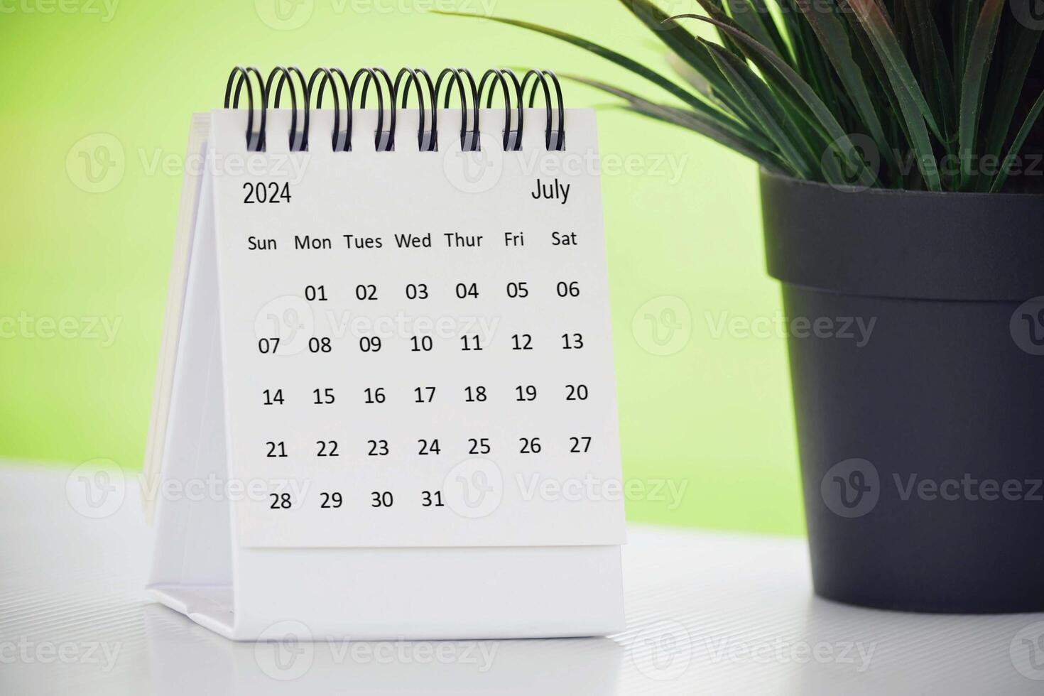 July 2024 desk calendar with potted plant on a desk with green background. photo