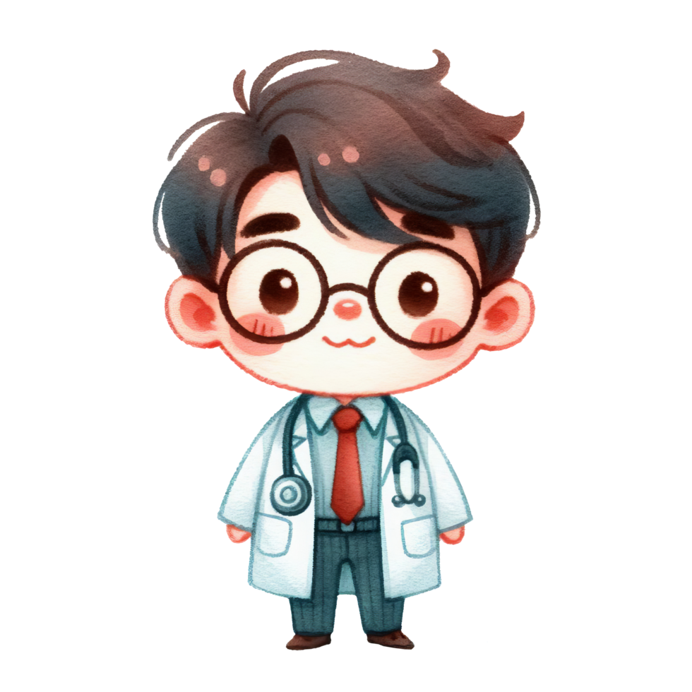 AI generated Cute Cartoon Doctor character with glasses and red tie, suitable for educational materials, presentations, or hospital related designs needing a quirky touch. png
