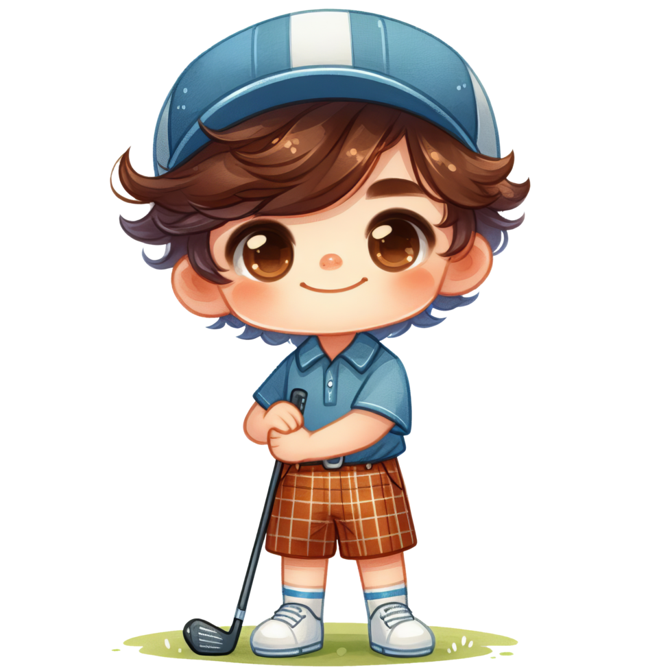 AI generated Cartoon golf boy character with a golf stick, perfect for golf tournament posters, sports blog illustrations, childrens activity books, and social media. png