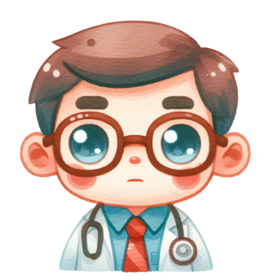 AI generated Watercolor cartoon doctor with stethoscope and glasses, perfect for medical themed designs, healthcare illustrations, and educational materials for children health. png