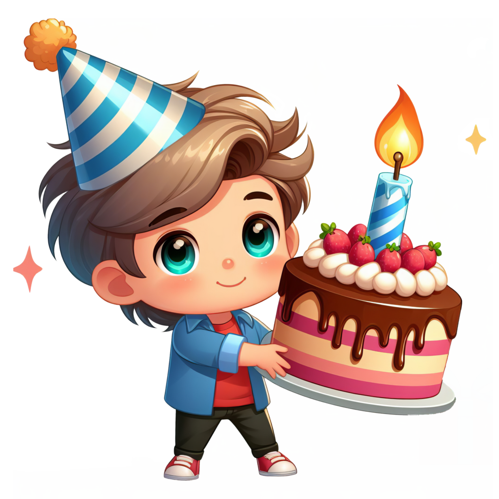 AI generated Cartoon boy with birthday cake and candle suitable for greeting cards, invitations, party decorations, and birthday themed designs and materials. png