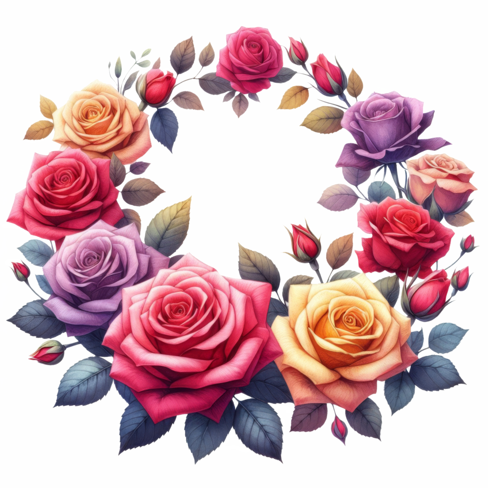 AI generated Flower wreath of roses for romantic designs, wedding invitations, floral backgrounds, botanical prints, feminine branding, and greeting cards. png