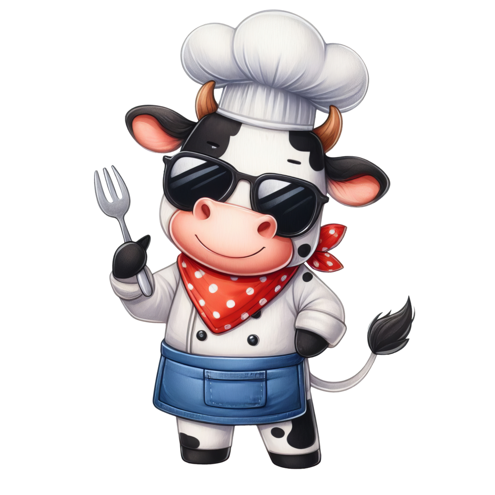 ai generato cartone animato portafortuna di un' mucca con capocuoco cappello e occhiali da sole, Perfetto per cibo a tema disegni, ristorante menu, e giocoso cucina arredamento Oggetti. png