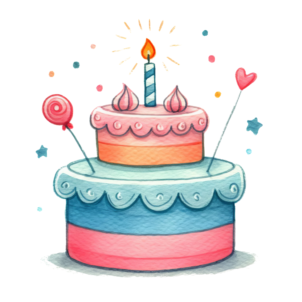 AI generated watercolor cake hand-drawn painting, perfect for birthday party invitations, childrens event posters, and social media posts. png