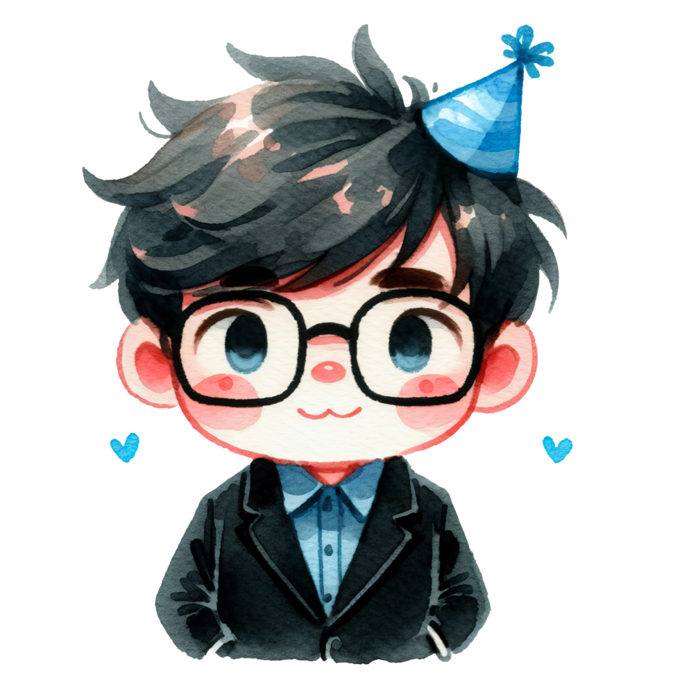 AI generated Happy birthday moment of a boy with glasses and a bow, perfect for birthday design theme, children book illustrations, educational materials, or quirky designs needing a whimsical touch. png