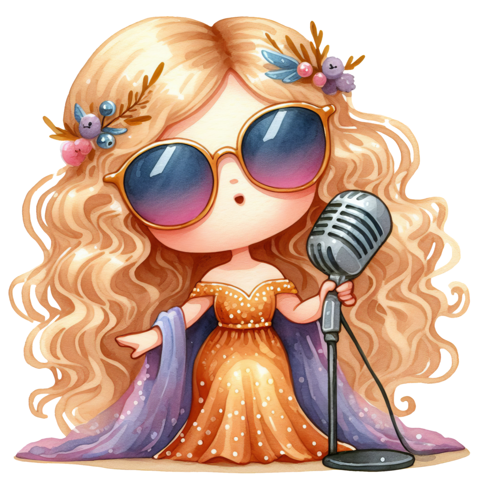 AI generated Cute cartoon singer girl with sunglasses and a microphone, perfect for music events or podcast promotions in a fun and vibrant way. png