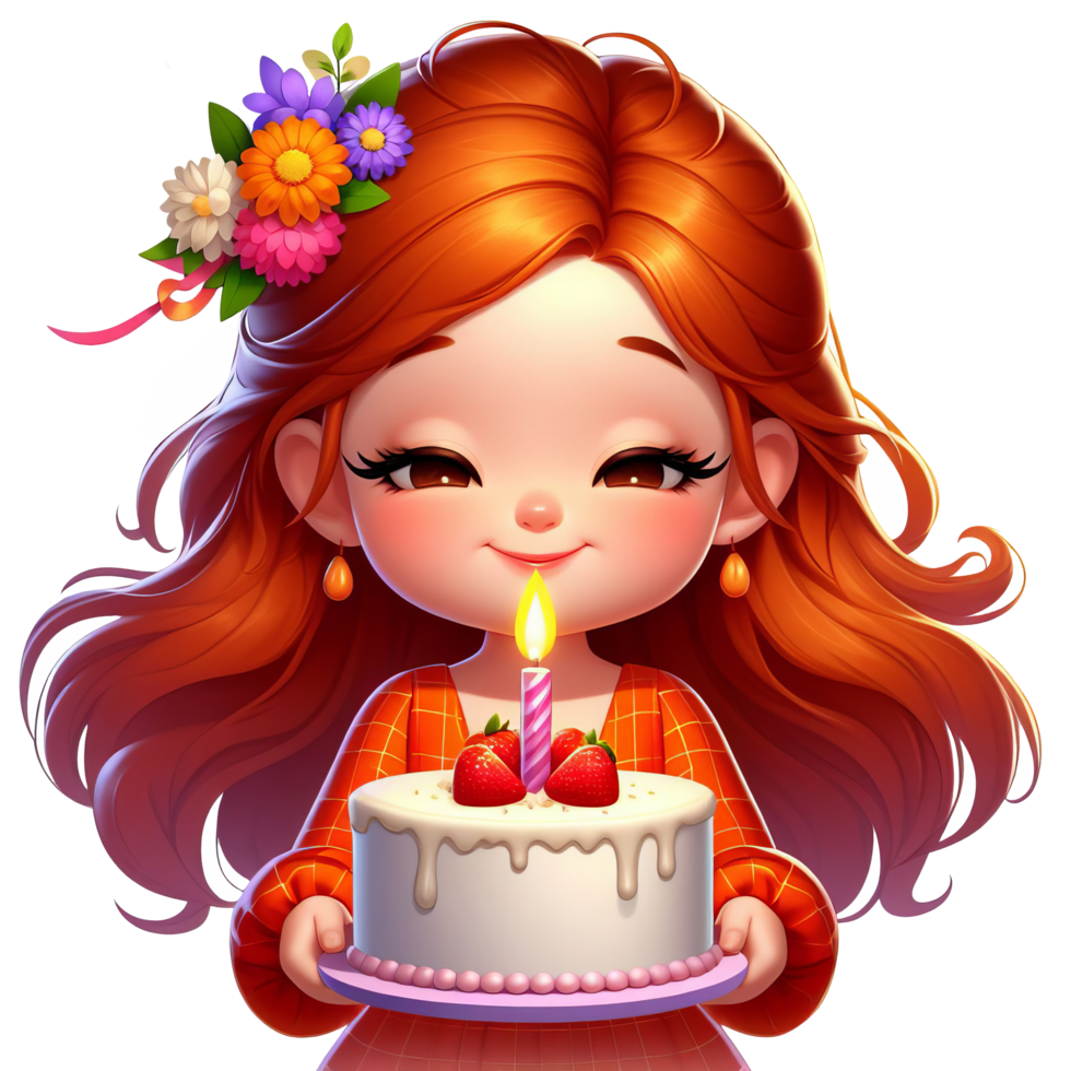 AI generated Girl celebrating birthday, holds a cake with a lit candle, perfect for birthday cards, invitations, and celebration themed designs. Festive and whimsical. png