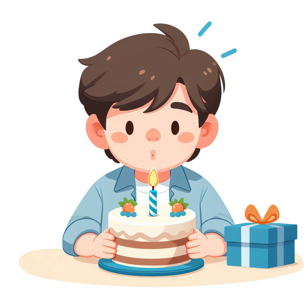 AI generated Boy blows birthday cake candle. Suitable for birthday party invitations, greeting cards, children event promotions, and celebration concepts. png