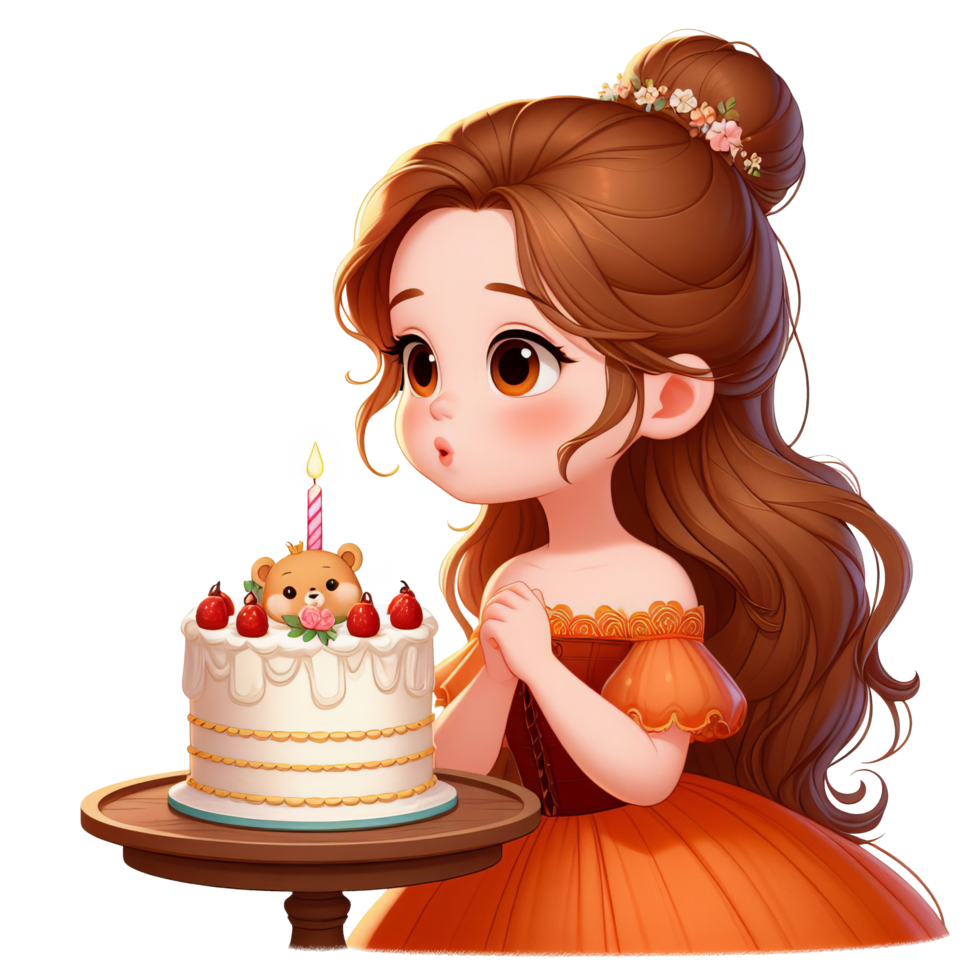 AI generated Cartoon girl in a dress holding a cake with candles. Perfect for birthday card designs, party invitations, and celebration themed illustrations. png