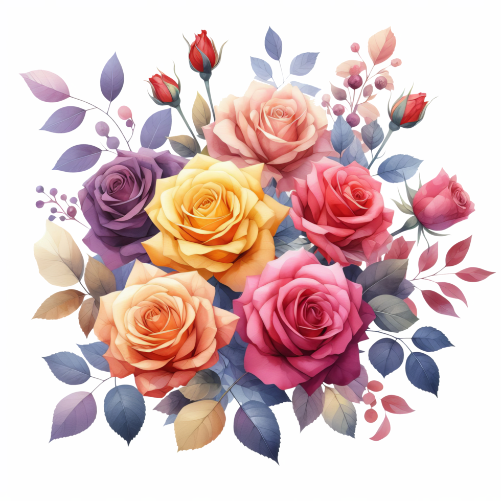 AI generated Rose flowers bouquet, vibrant leaves, and fresh berries suitable for spring and summer designs, greeting cards, and invitations. png