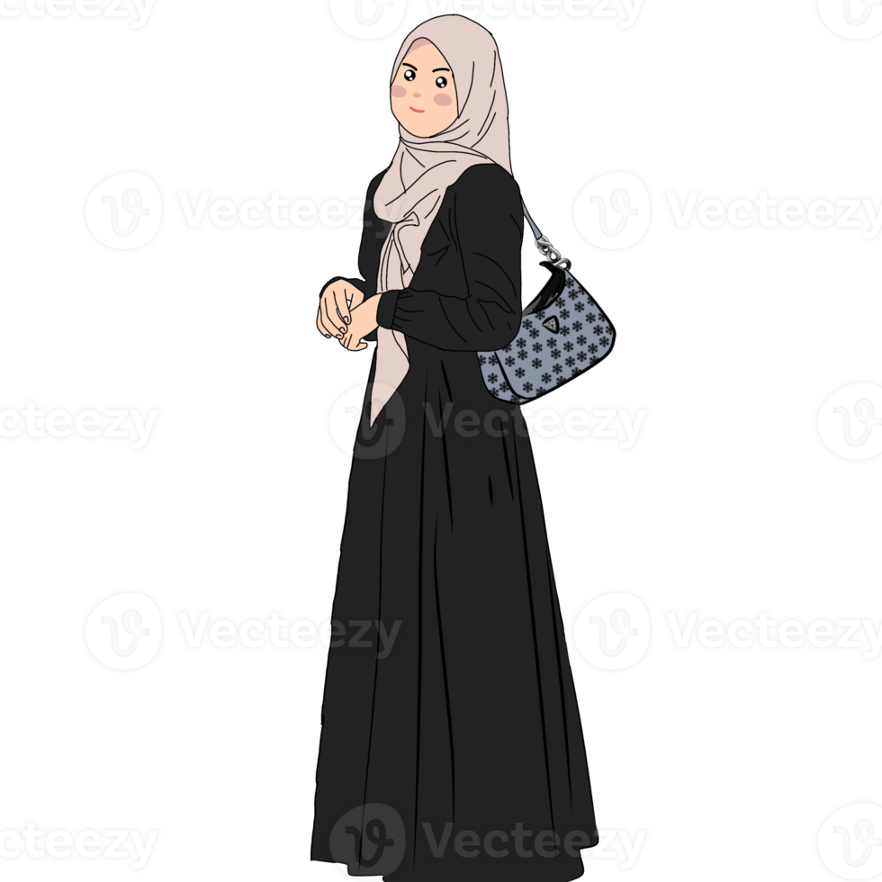Hijab girl with black dress and slingbag png