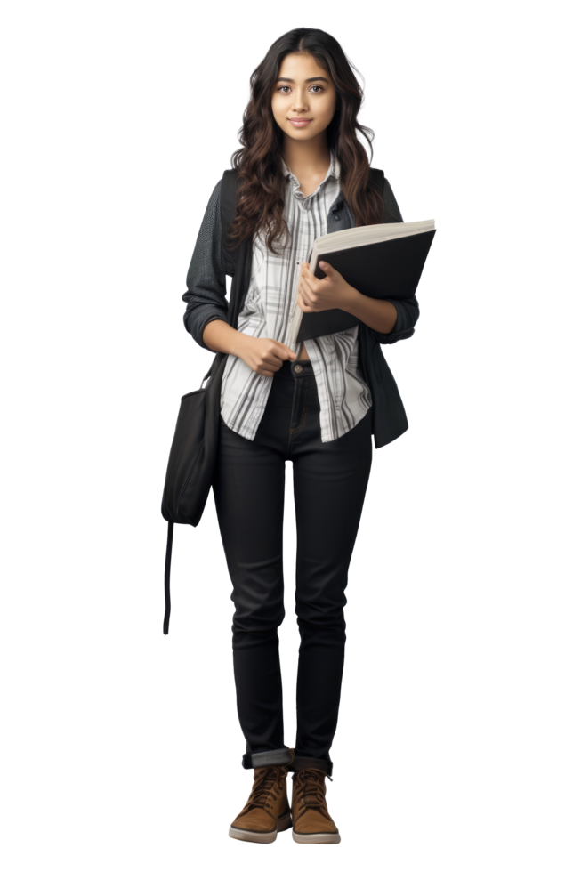 ai generado retrato de joven mujer Universidad estudiante contento sonriente en pie participación un libro y que lleva un colegio bolso png