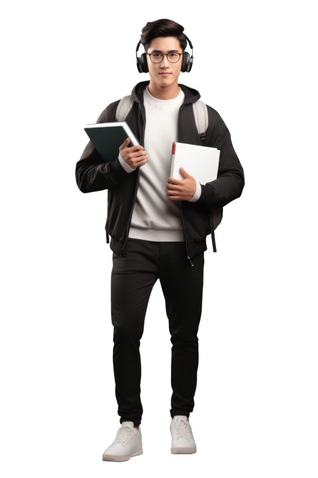 ai gerado retrato do jovem homem Faculdade aluna feliz sorridente em pé segurando uma livro e carregando uma escola saco png