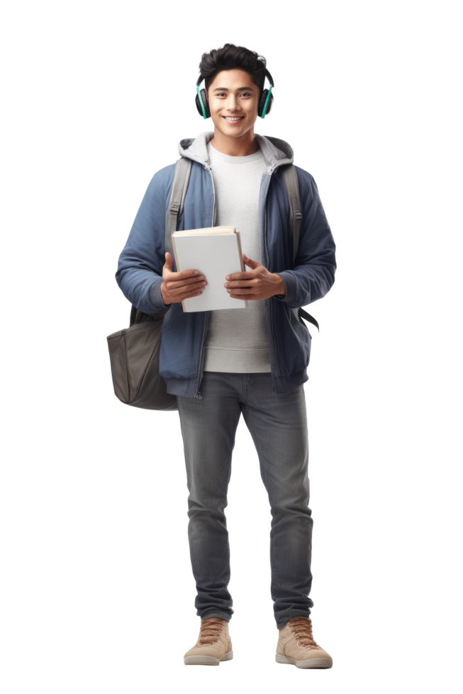 ai gegenereerd portret van jong Mens college leerling gelukkig glimlachen staand Holding een boek en draag- een school- zak png