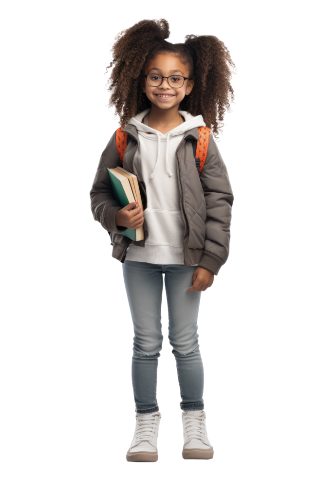 AI generated Portrait of little girl student happy smiling standing holding a book and carrying a school bag png