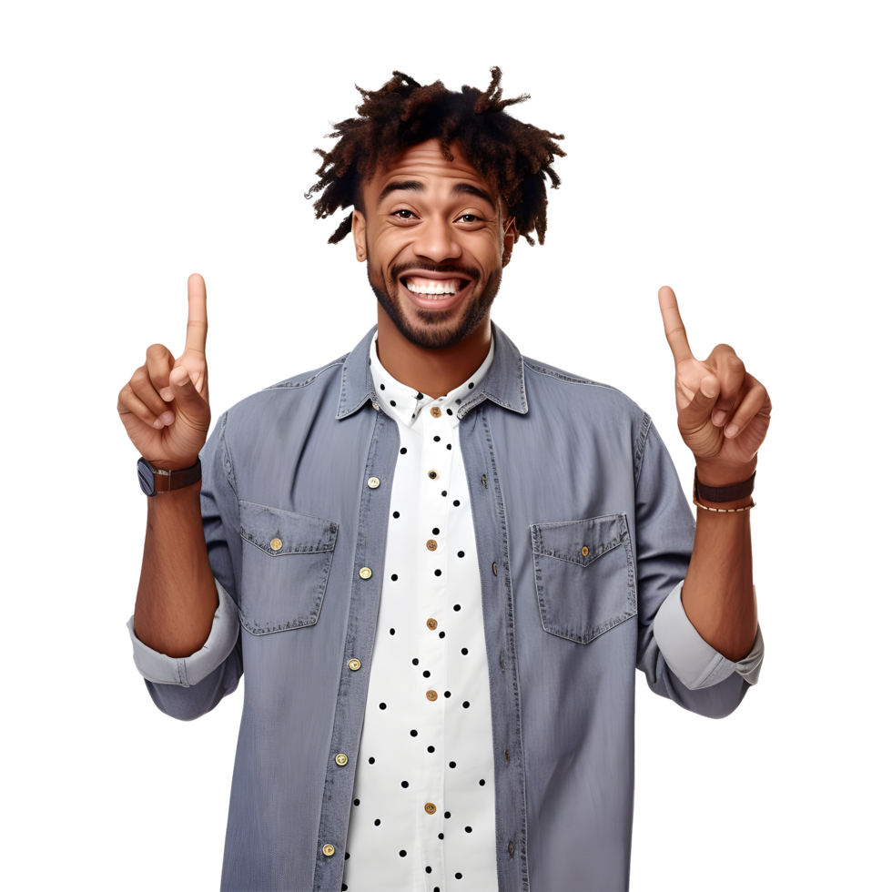 AI generated Portrait of young man pointing with surprised expression attractive cheerful amazed, isolated on white background png