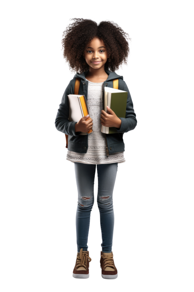 AI generated Portrait of little girl student happy smiling standing holding a book and carrying a school bag png