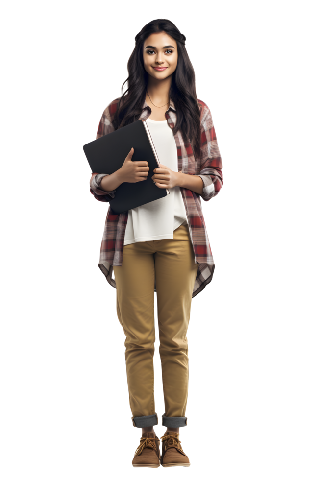 AI generated Portrait of young woman college student happy smiling standing holding a book and carrying a school bag png