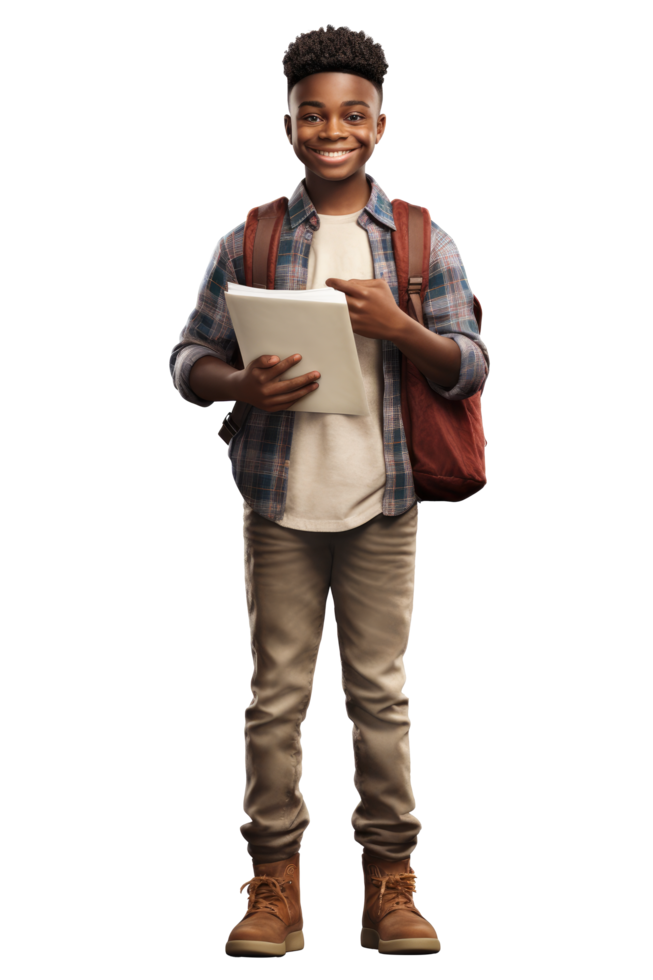 AI generated Portrait of little boy student happy smiling standing holding a book and carrying a school bag png