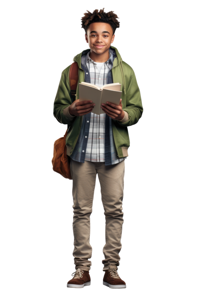 AI generated Portrait of little boy student happy smiling standing holding a book and carrying a school bag png