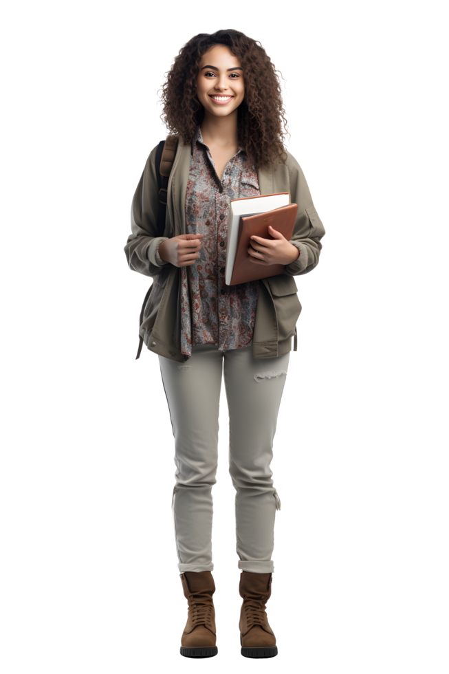 AI generated Portrait of young woman college student happy smiling standing holding a book and carrying a school bag png