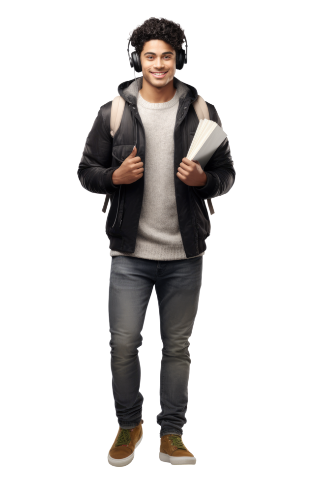 AI generated Portrait of young man college student happy smiling standing holding a book and carrying a school bag png