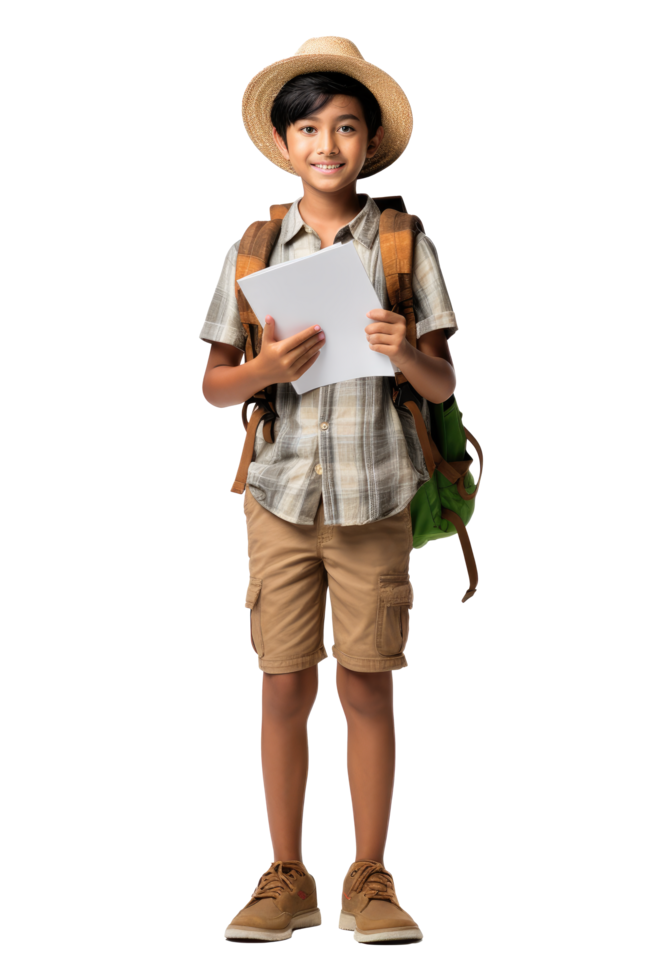 ai generiert Porträt von wenig Junge Schüler glücklich lächelnd Stehen halten ein Buch und Tragen ein Schule Tasche png
