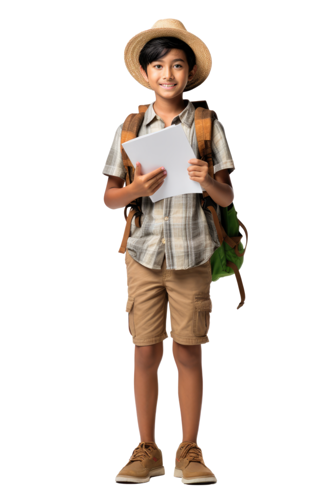 AI generated Portrait of little boy student happy smiling standing holding a book and carrying a school bag png