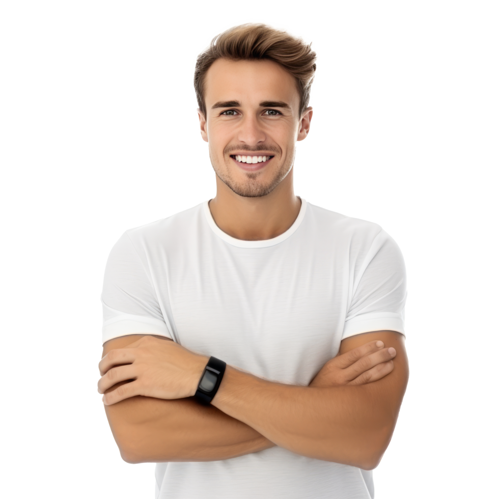 ai generado retrato de hermoso sonriente joven hombre con doblada brazos aislado png