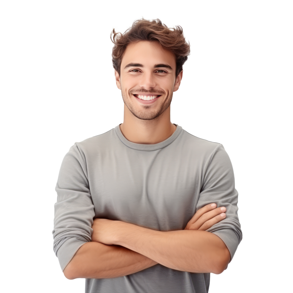 ai gegenereerd portret van knap glimlachen jong Mens met gevouwen armen geïsoleerd png