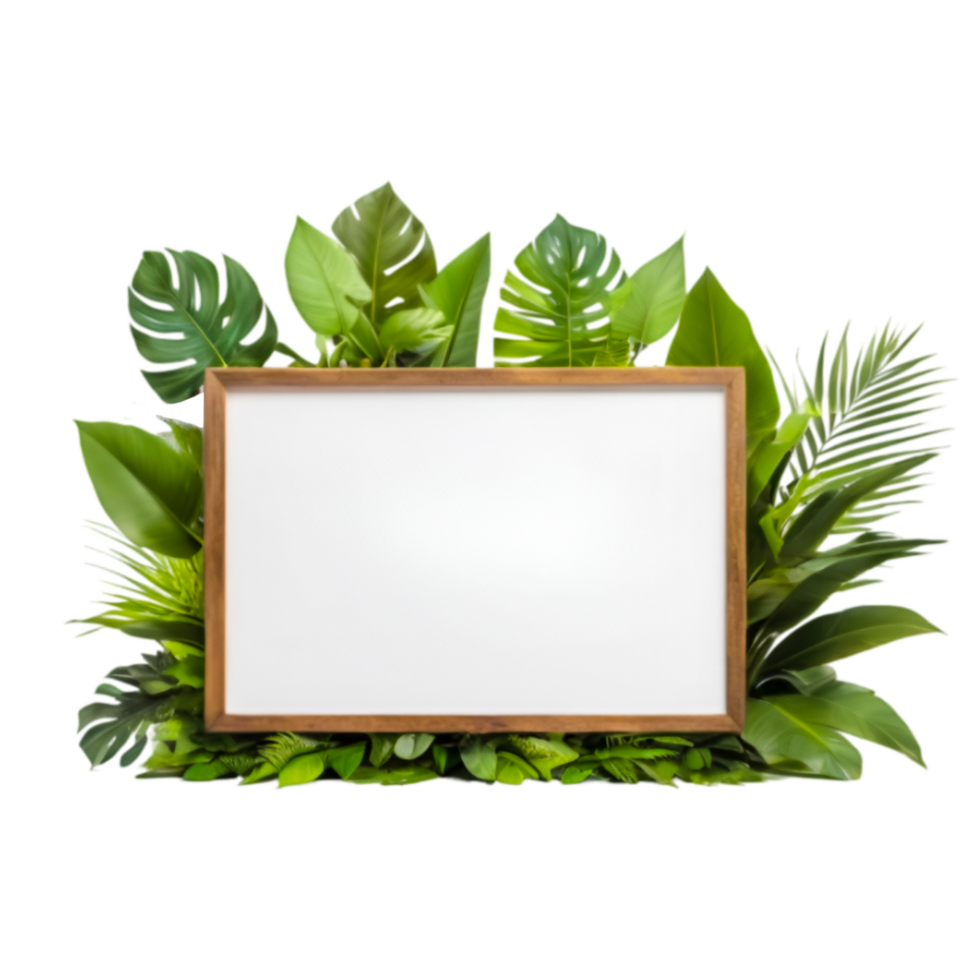 AI generated Empty wooden white board with around green leaves on transparent background. png