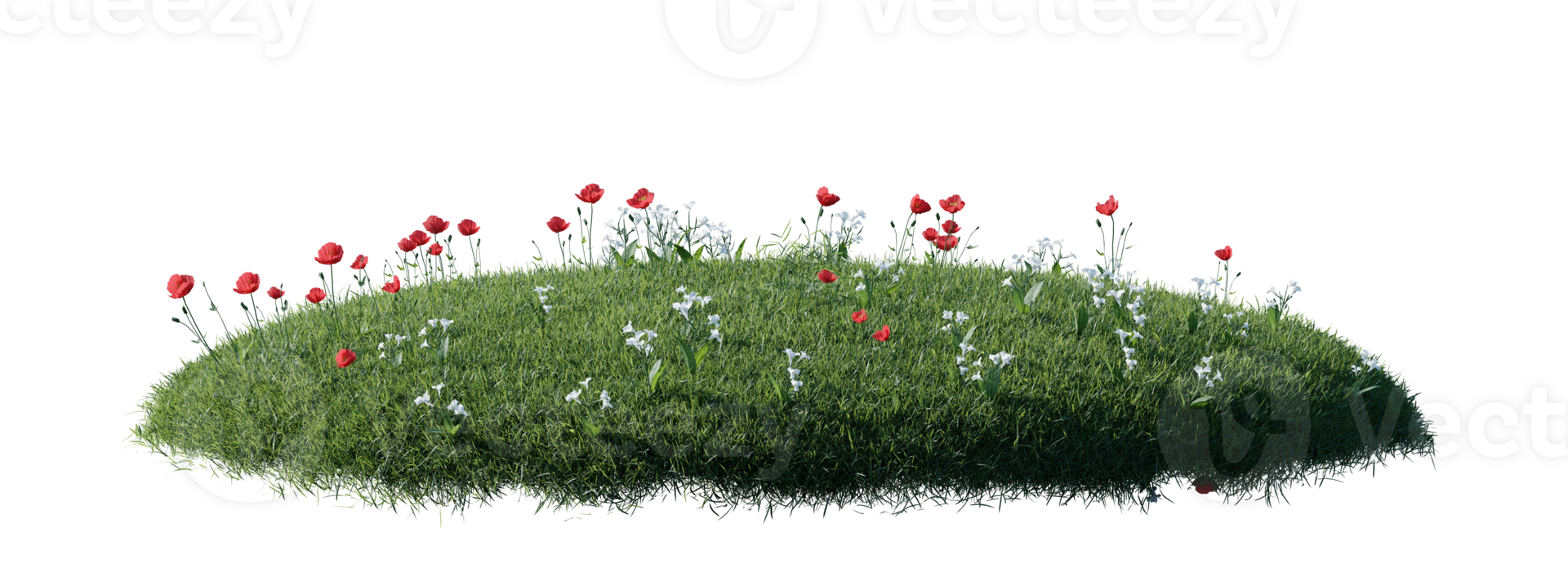 Round surface patch covered with flowers, green or dry grass isolated on white background. Realistic natural element for design. Bright 3d illustration. png