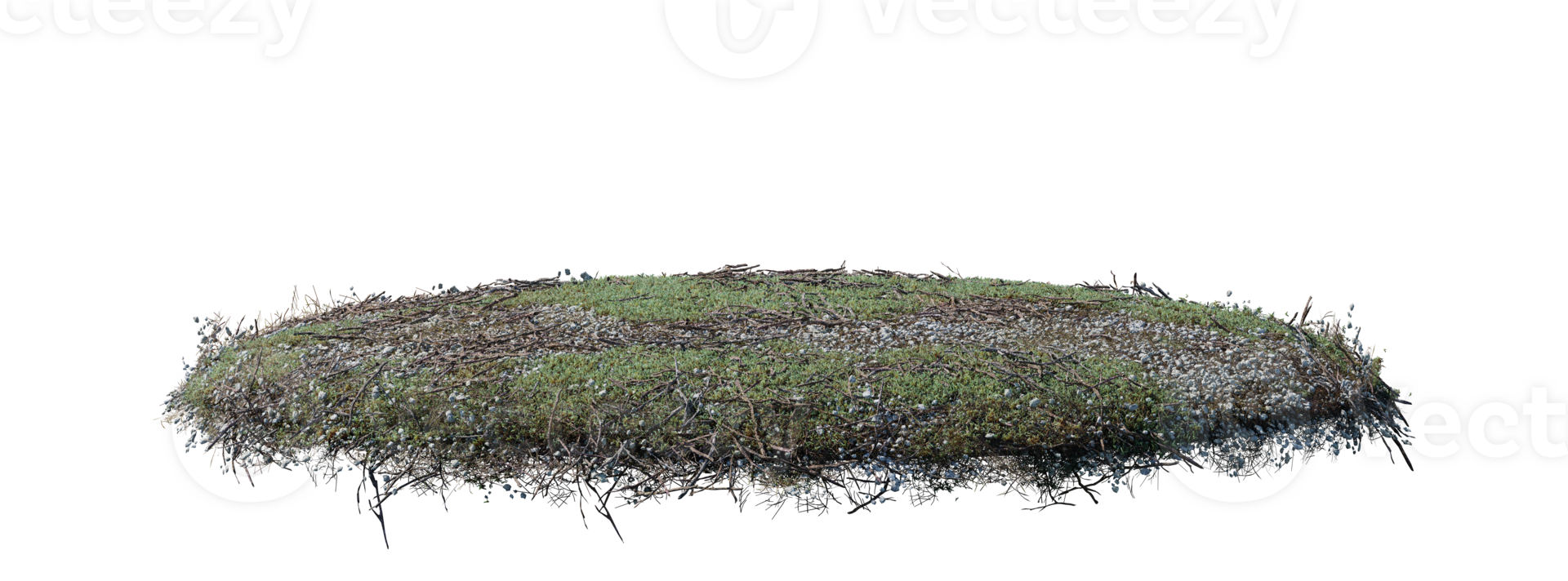 Round surface patch covered with flowers, green or dry grass isolated on white background. Realistic natural element for design. Bright 3d illustration. png