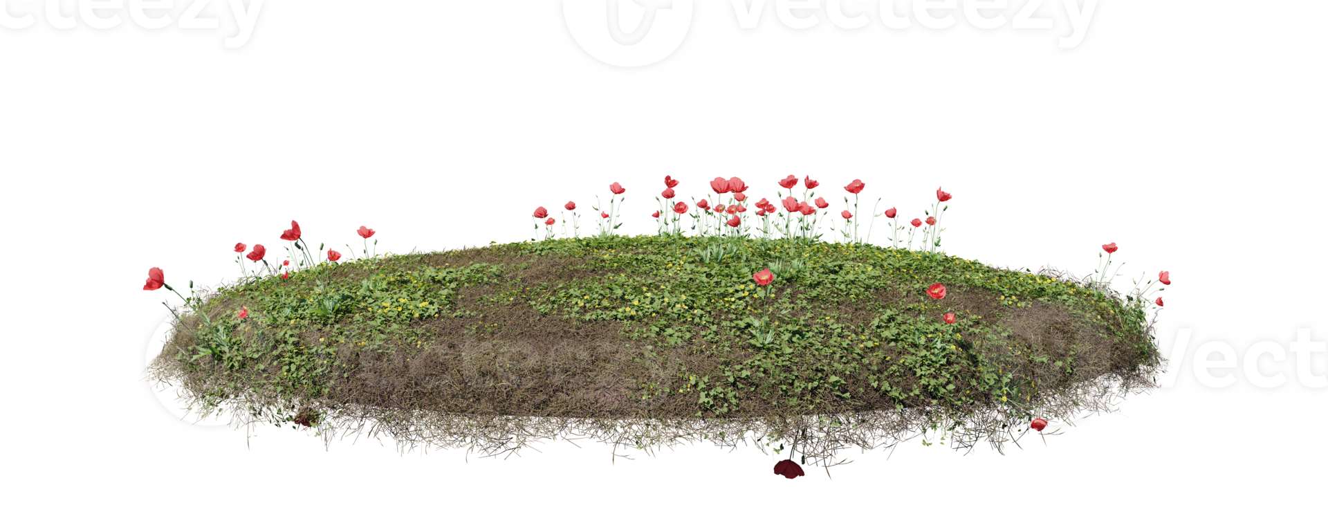 Round surface of Small Plant forest patch covered with flowers, green or dry grass isolated on transparent background. Realistic natural element for design. Bright 3d png