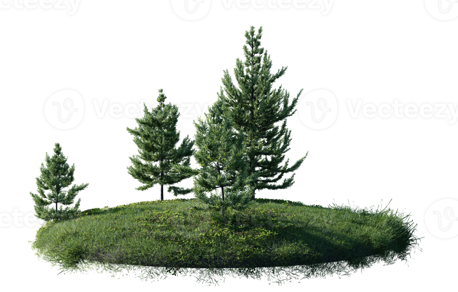 Round surface of Small Pine forest patch covered with flowers, green or dry grass isolated on transparent background. Realistic natural element for design. Bright 3d png