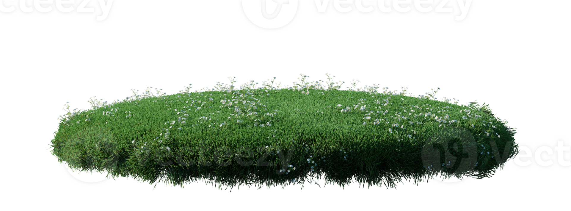 Round surface patch covered with flowers, green or dry grass isolated on white background. Realistic natural element for design. Bright 3d illustration. png