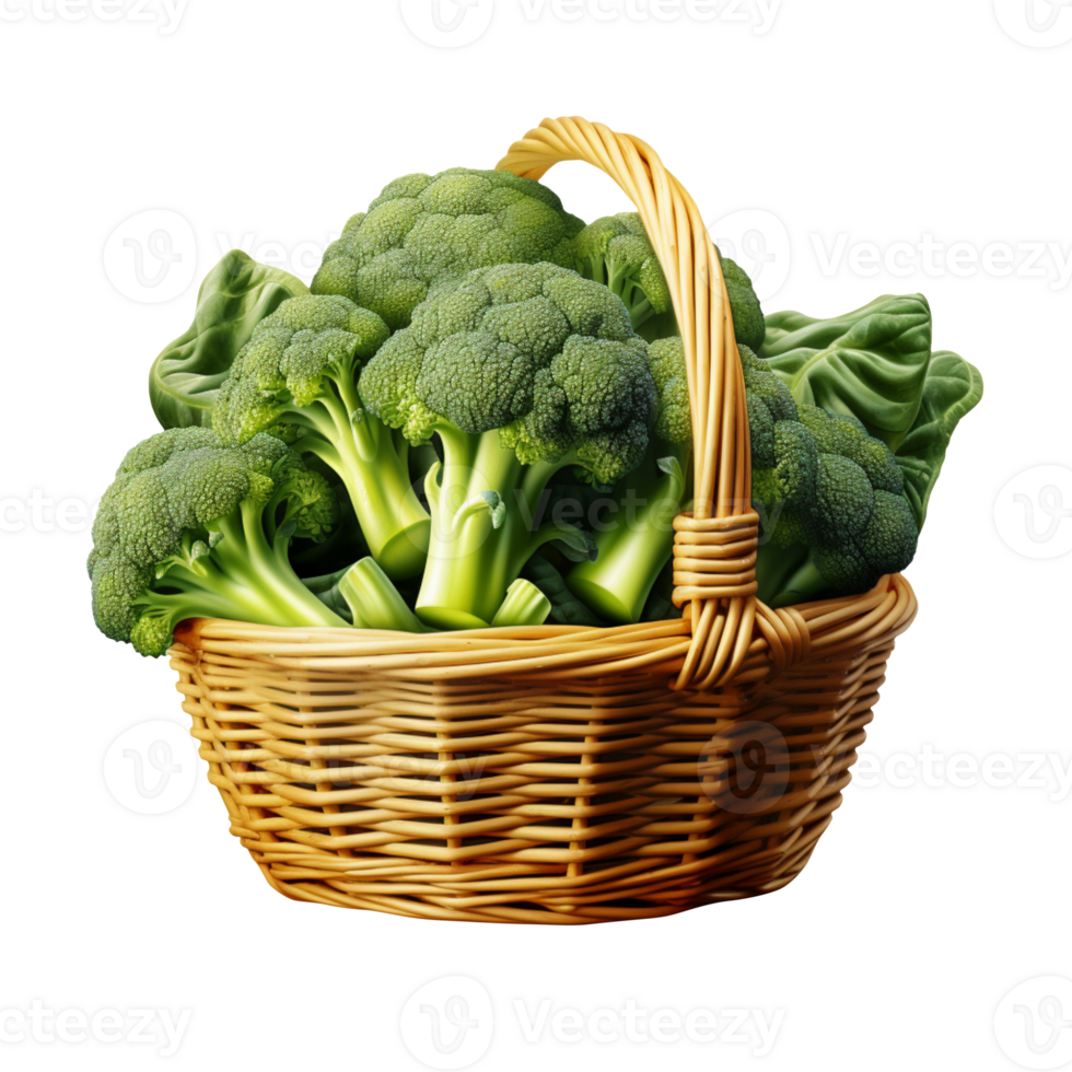 AI generated Fresh broccoli in a bamboo basket isolated on transparent background png