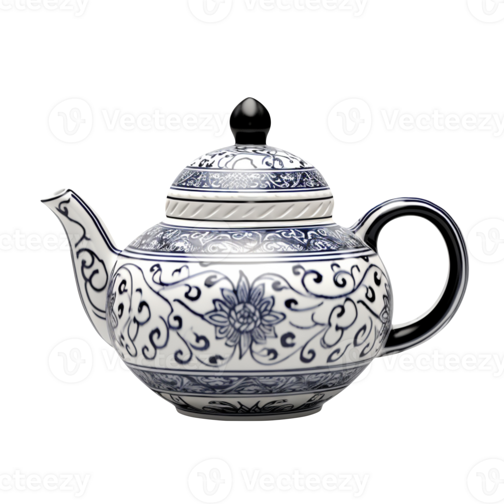 AI generated Ceramic Coffee Pot with blue Flowers isolated on transparent background png