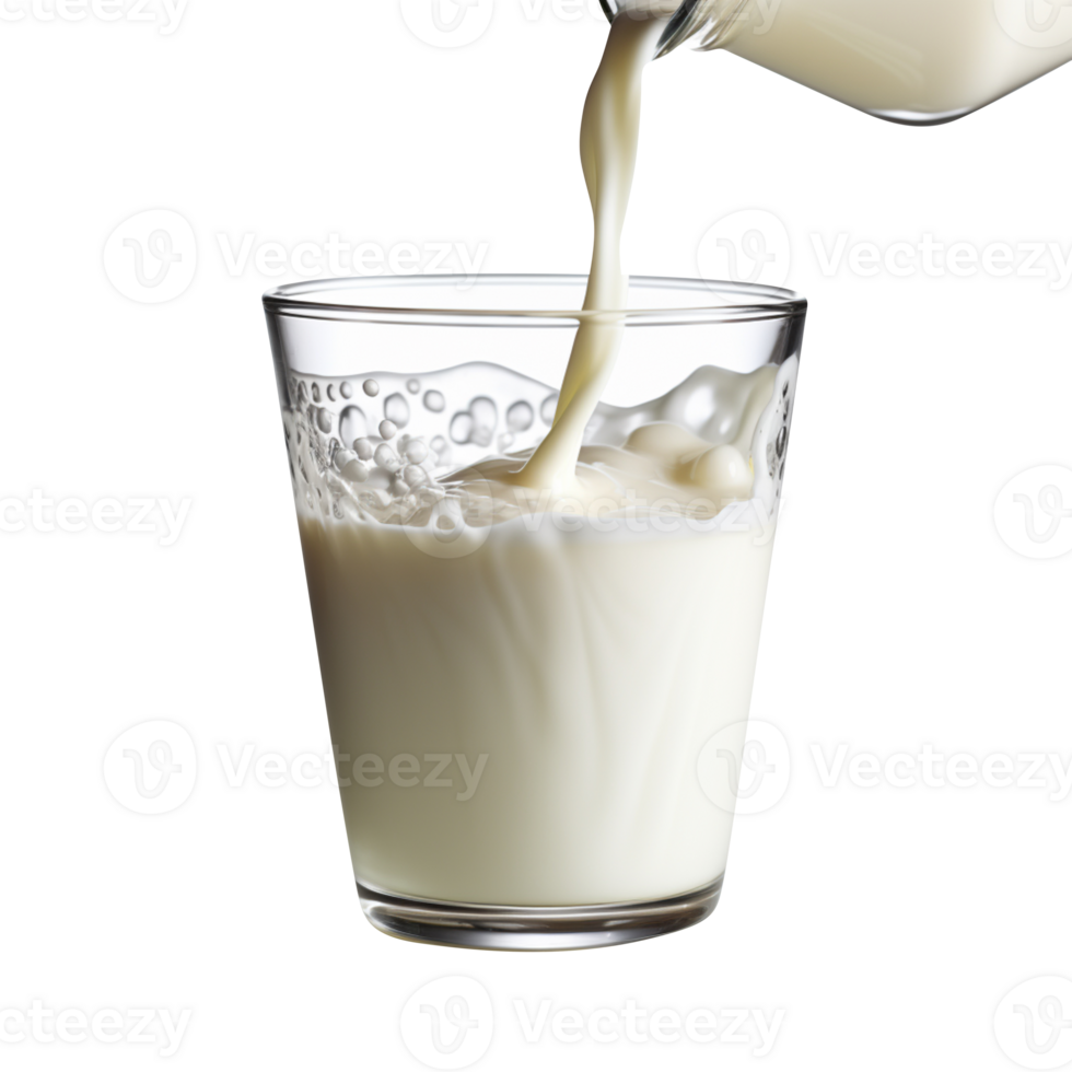 ai generiert Milch Gießen Nieder in Glas und Herstellung groß spritzt isoliert auf transparent Hintergrund png