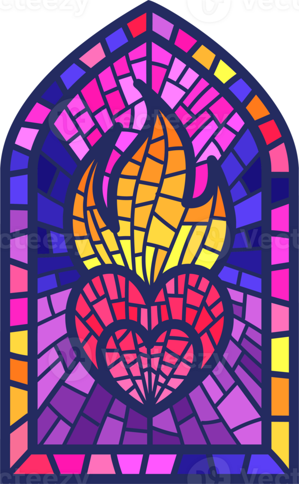 Church glass window. Stained mosaic catholic frame with religious symbol burning heart. Color illustration png