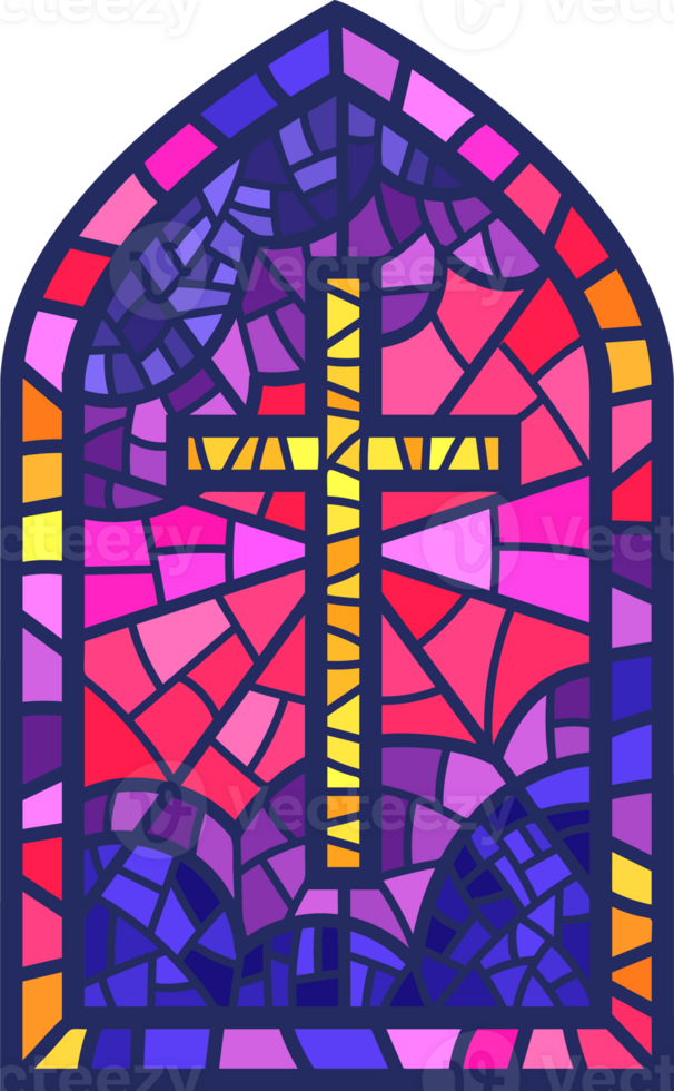 Church glass window. Stained mosaic catholic frame with religious symbol cross. Color illustration png