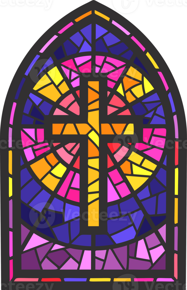 Church glass window. Stained mosaic catholic frame with religious symbol cross png