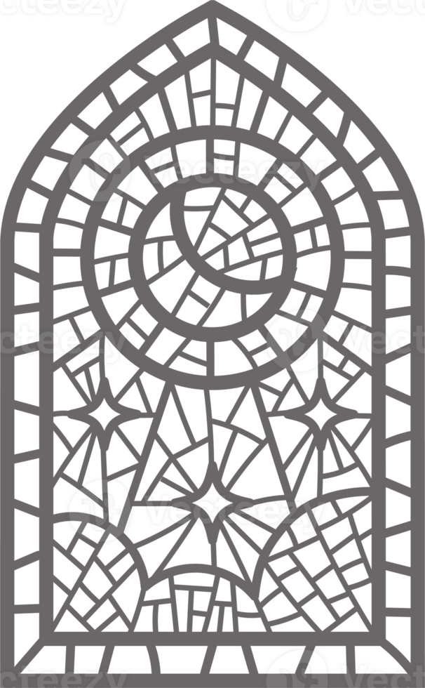 Church glass window. Stained mosaic catholic frame with religious symbol. Outline moon illustration png
