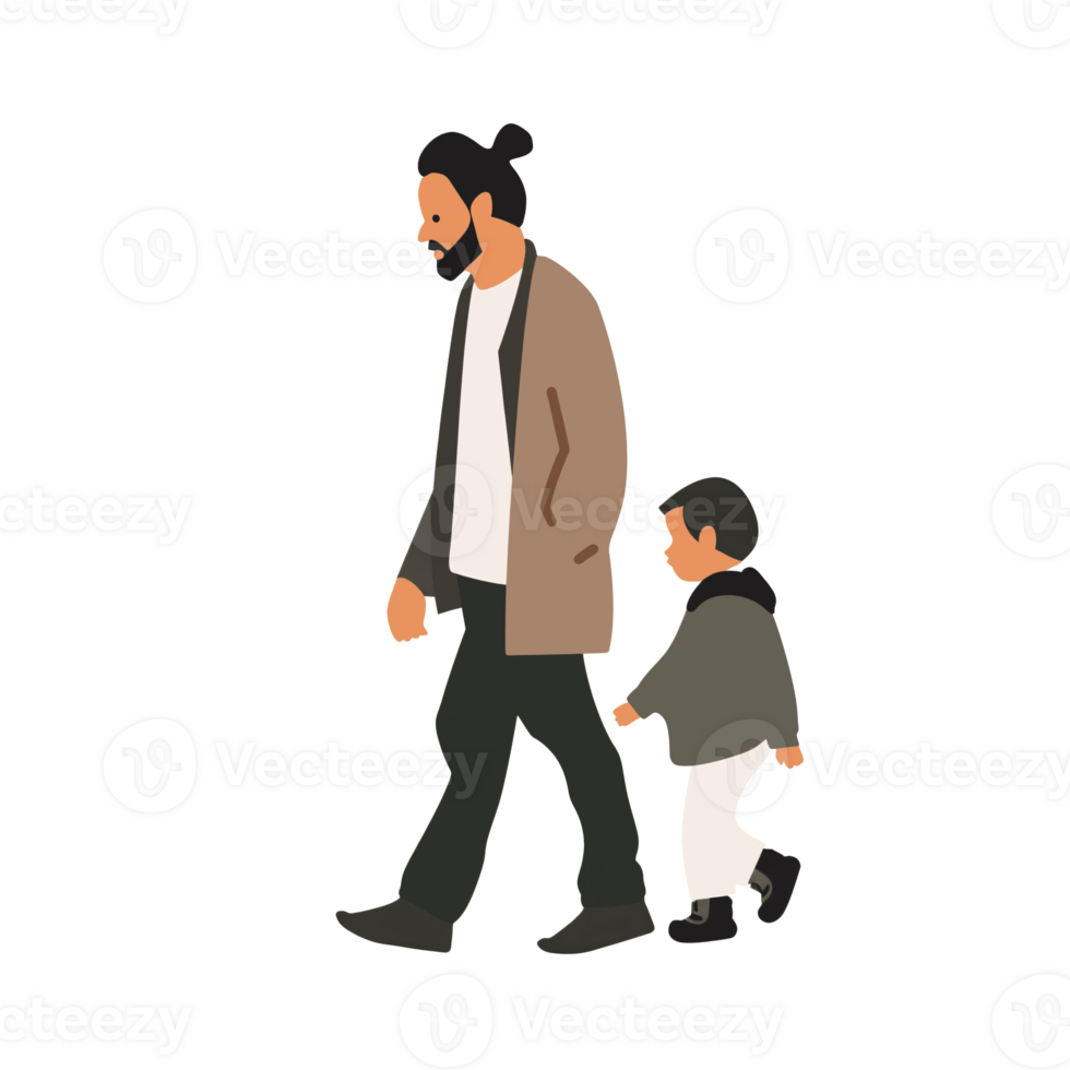 ai generado elegante hombre con niño caminando , transparente fondo, suelto y fluido estilo png