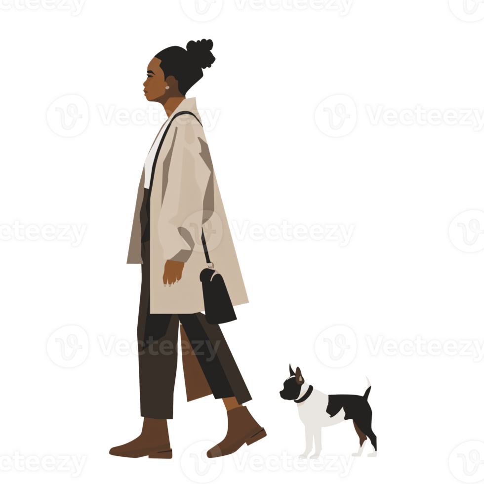 ai genererad platt illustration av en svart kvinna gående henne hund, isolerat på transparent bakgrund. png