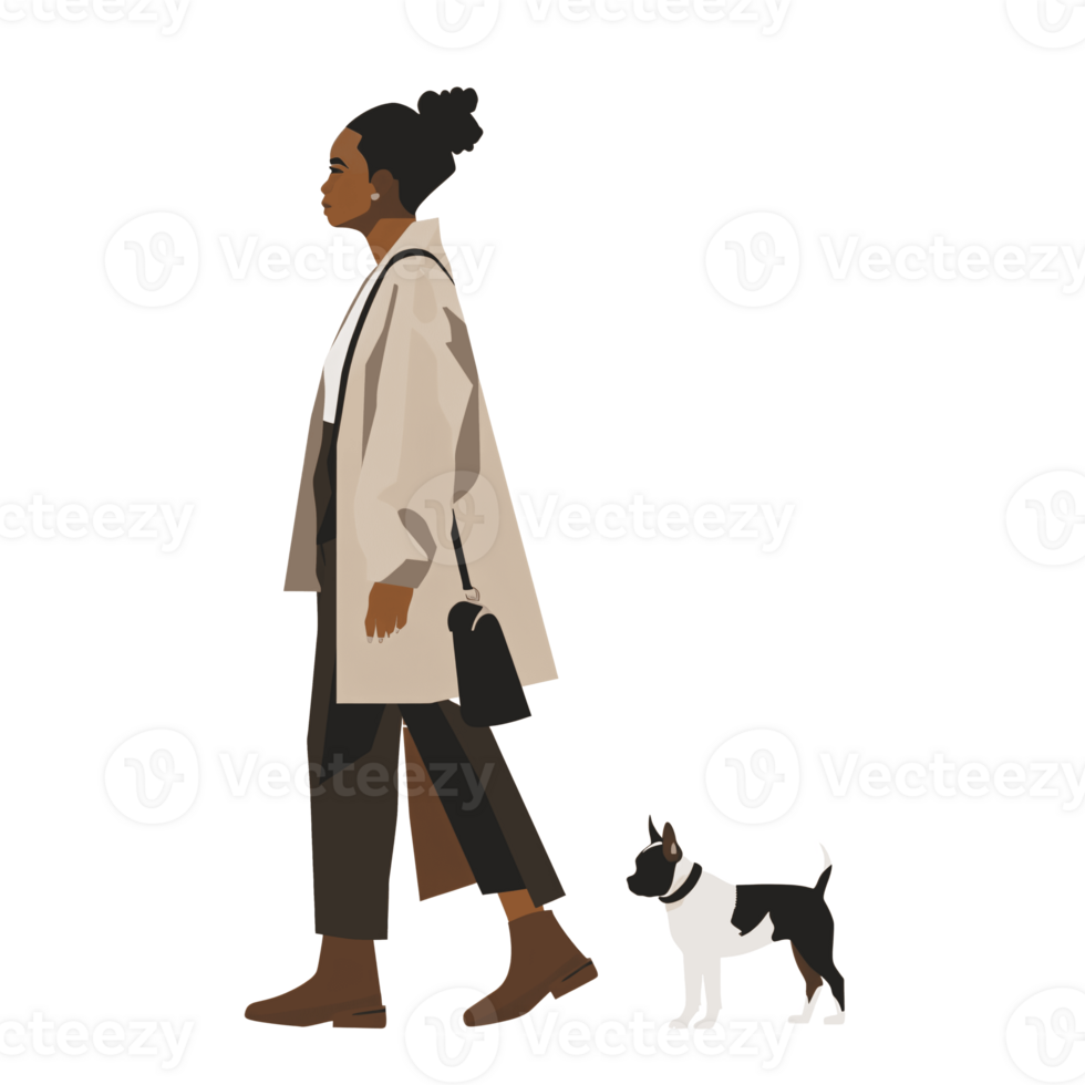 AI generated Flat illustration of a black woman walking her dog, isolated on transparent background. png