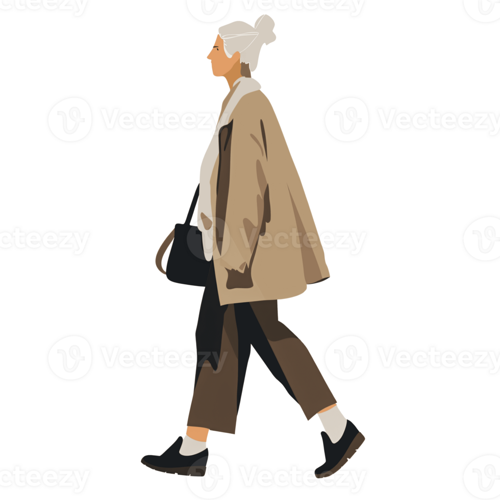 ai gegenereerd elegant ouder vrouw wandelen met handtas, transparant achtergrond, los en vloeistof stijl png