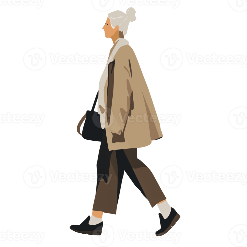 ai generado elegante más viejo mujer caminando con bolso, transparente fondo, suelto y fluido estilo png