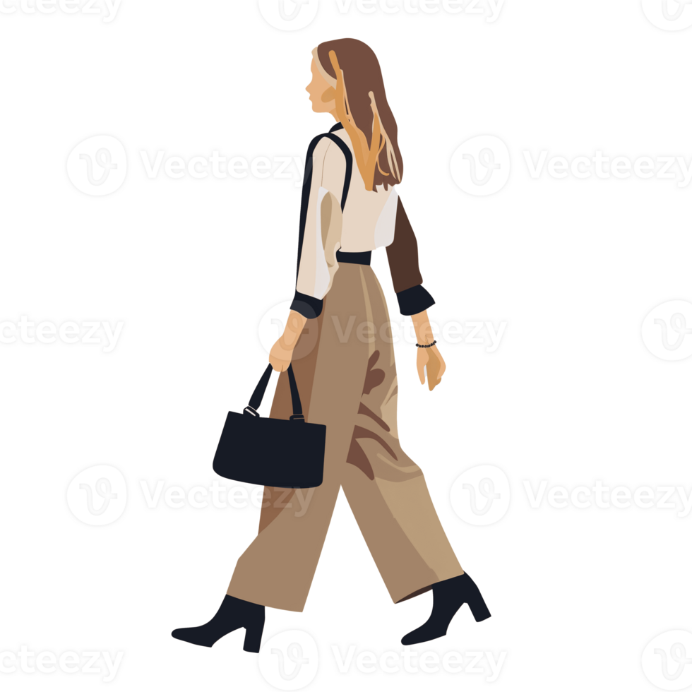 ai genererad eleganta kvinna gående med handväska, transparent bakgrund, lösa och vätska stil png