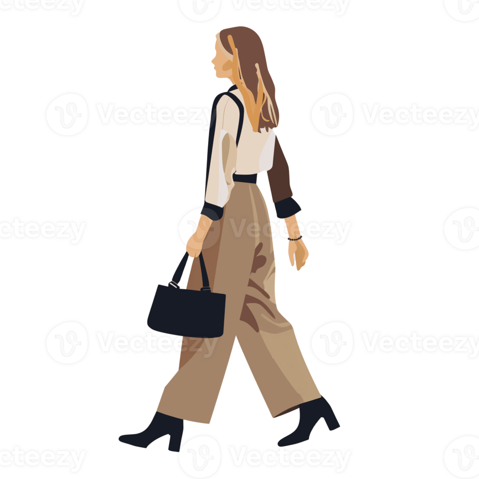 ai generado elegante mujer caminando con bolso, transparente fondo, suelto y fluido estilo png